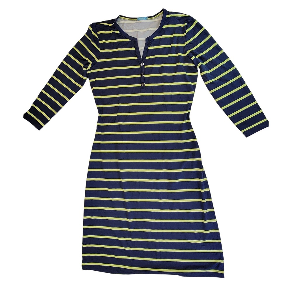 Laughlin Striped Long Sleeve Henley Midi Dress Women's XS Navy Yellow‎